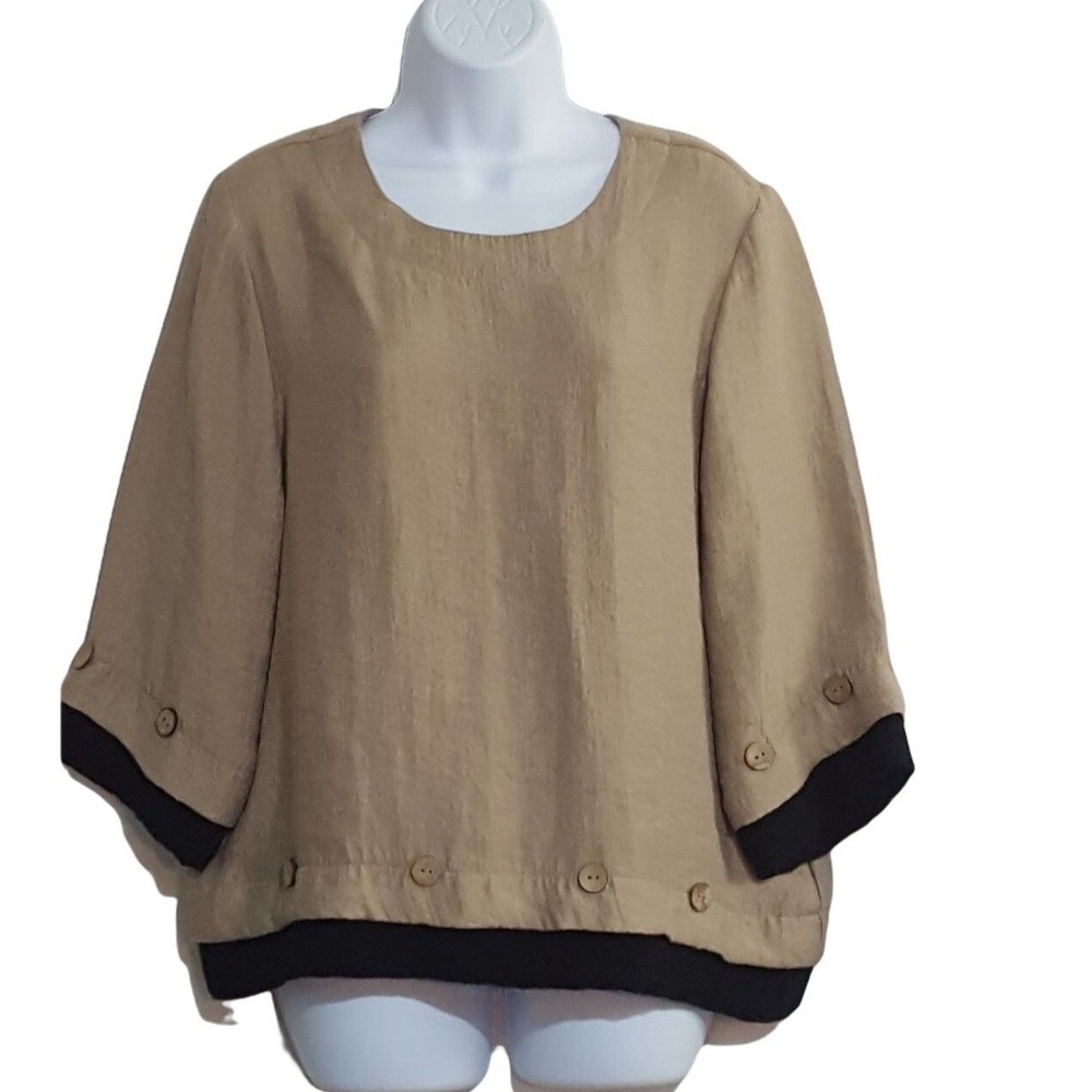 Norm Thompson Womens Blouse M Vintage Button Trim Ribbed Cuffs Hem Lagenlook
